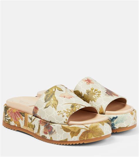 gucci blue floral slides|Gucci floral platform slides.